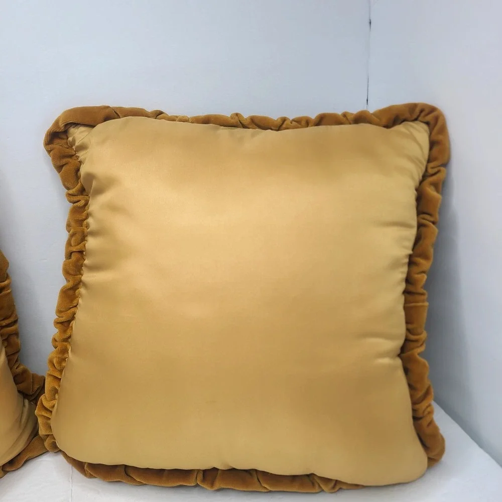Vtg 70s Smocked Velvet Throw Pillows Pair Mustard Gold Smocking Floral Brocade 2